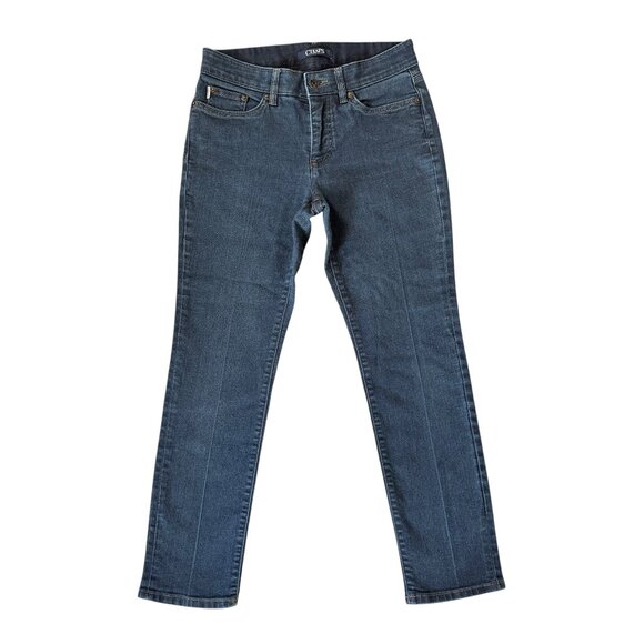 Chaps dark wash straight leg stretchy button zip five pocket blue denim jeans 6P - Picture 1 of 10
